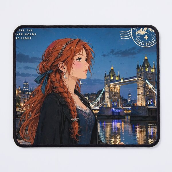 Item preview, United Kingdom London Tower Bridge with a Mysterious Redhead Traveler in Elegant Dark Blue Fashion, River Thames and Evening City Lights designed and sold by DibujandoPorfa.