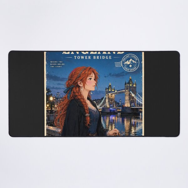 Item preview, United Kingdom London Tower Bridge with a Mysterious Redhead Traveler in Elegant Dark Blue Fashion, River Thames and Evening City Lights designed and sold by DibujandoPorfa.