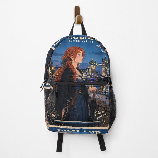 Item preview, United Kingdom London Tower Bridge with a Mysterious Redhead Traveler in Elegant Dark Blue Fashion, River Thames and Evening City Lights designed and sold by DibujandoPorfa.