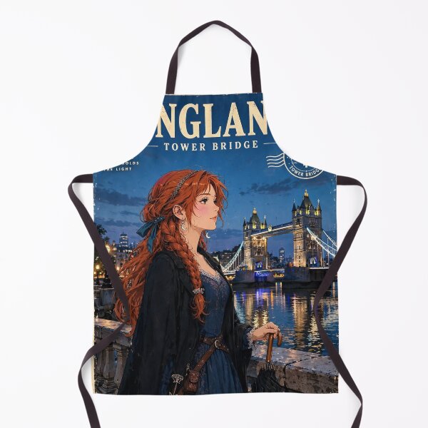 Item preview, United Kingdom London Tower Bridge with a Mysterious Redhead Traveler in Elegant Dark Blue Fashion, River Thames and Evening City Lights designed and sold by DibujandoPorfa.