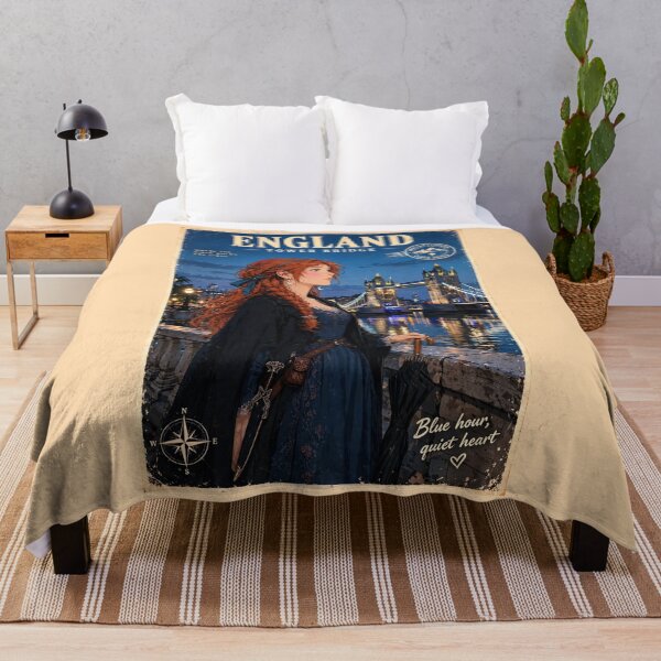 Item preview, United Kingdom London Tower Bridge with a Mysterious Redhead Traveler in Elegant Dark Blue Fashion, River Thames and Evening City Lights designed and sold by DibujandoPorfa.