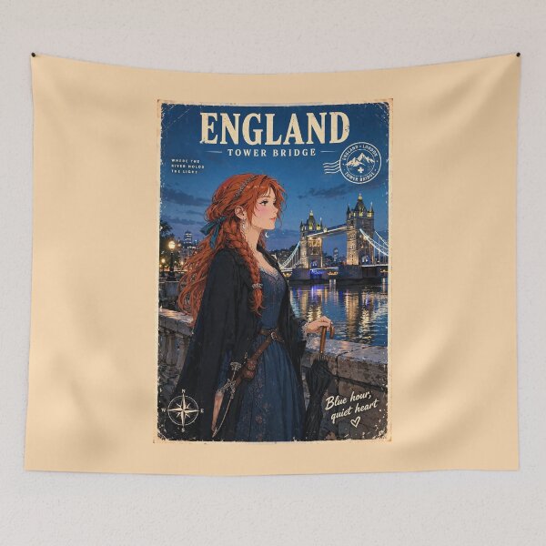Item preview, United Kingdom London Tower Bridge with a Mysterious Redhead Traveler in Elegant Dark Blue Fashion, River Thames and Evening City Lights designed and sold by DibujandoPorfa.