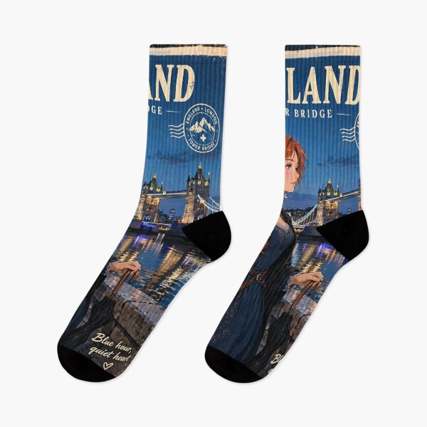 Item preview, United Kingdom London Tower Bridge with a Mysterious Redhead Traveler in Elegant Dark Blue Fashion, River Thames and Evening City Lights designed and sold by DibujandoPorfa.