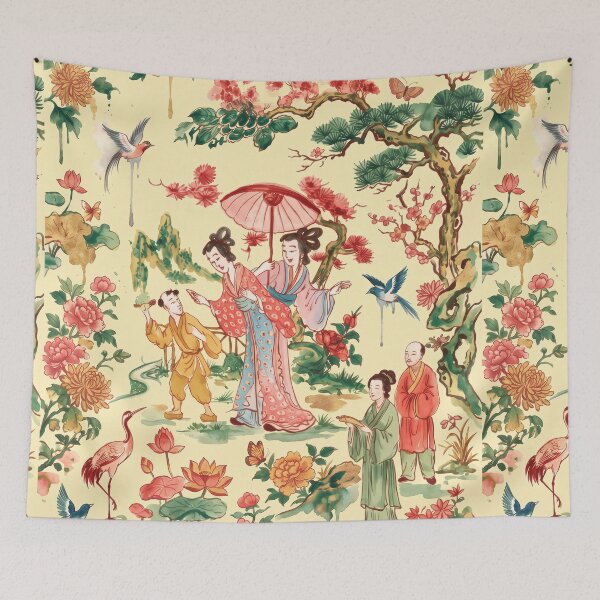 Item preview, Chinoiserie Garden Ladies Watercolor Illustration — Light Yellow Background designed and sold by Fani*.
