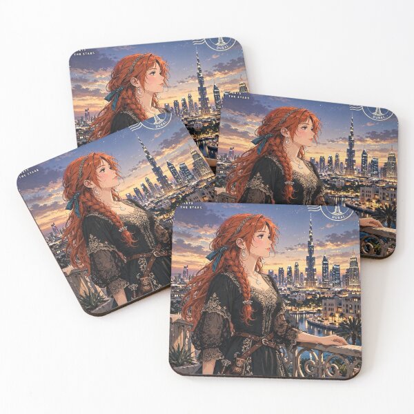 Item preview, United Arab Emirates Dubai Burj Khalifa with a Glamorous Redhead Traveler in an Elegant Black Dress, Luxury Skyline and Twilight Cityscape designed and sold by DibujandoPorfa.