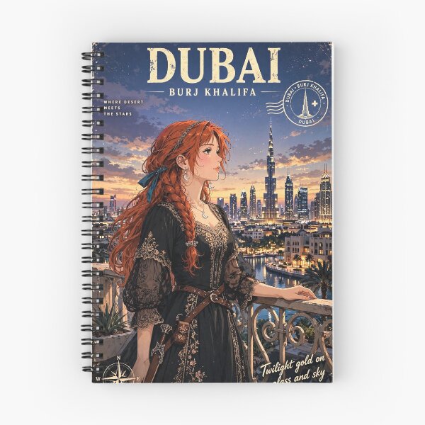 Item preview, United Arab Emirates Dubai Burj Khalifa with a Glamorous Redhead Traveler in an Elegant Black Dress, Luxury Skyline and Twilight Cityscape designed and sold by DibujandoPorfa.