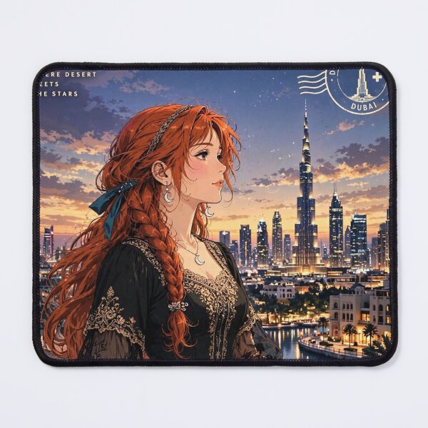 Item preview, United Arab Emirates Dubai Burj Khalifa with a Glamorous Redhead Traveler in an Elegant Black Dress, Luxury Skyline and Twilight Cityscape designed and sold by DibujandoPorfa.