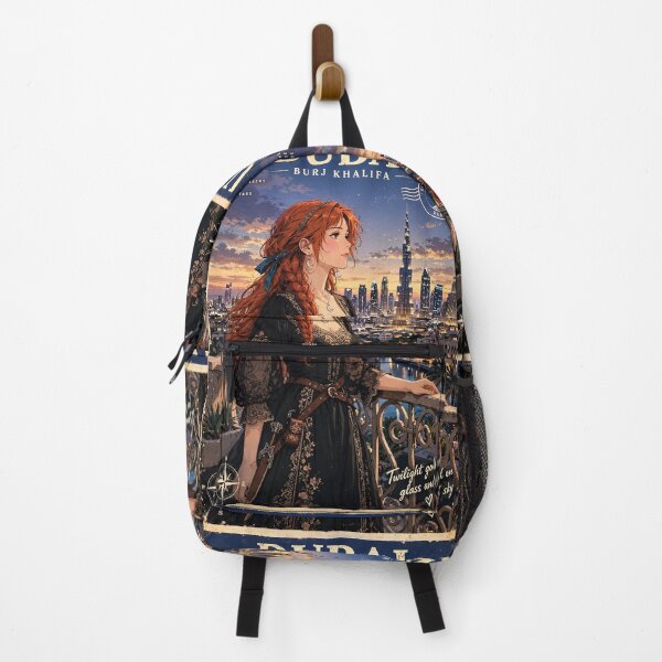 Item preview, United Arab Emirates Dubai Burj Khalifa with a Glamorous Redhead Traveler in an Elegant Black Dress, Luxury Skyline and Twilight Cityscape designed and sold by DibujandoPorfa.