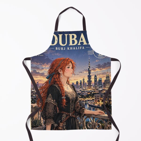 Item preview, United Arab Emirates Dubai Burj Khalifa with a Glamorous Redhead Traveler in an Elegant Black Dress, Luxury Skyline and Twilight Cityscape designed and sold by DibujandoPorfa.