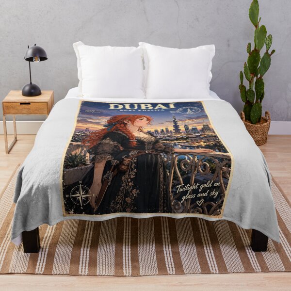 Item preview, United Arab Emirates Dubai Burj Khalifa with a Glamorous Redhead Traveler in an Elegant Black Dress, Luxury Skyline and Twilight Cityscape designed and sold by DibujandoPorfa.