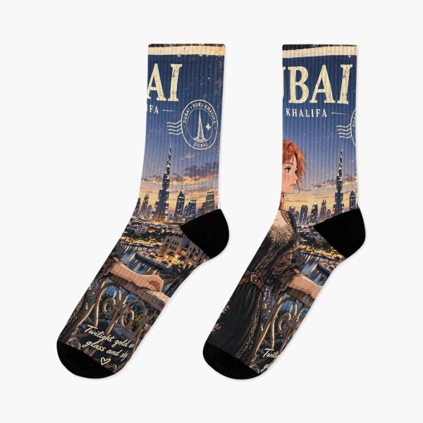 Artikelvorschau, Vereinigte Arabische Emirate, Dubai, Burj Khalifa mit einer glamourösen rothaarigen Reisenden in einem eleganten schwarzen Kleid, luxuriöser Skyline und abendlicher Stadtkulisse entworfen und verkauft von DibujandoPorfa.