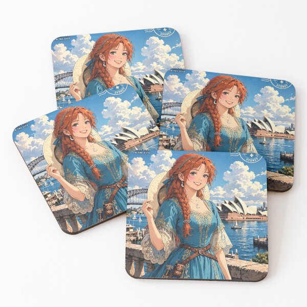 Item preview, Australia Sydney Opera House with a Radiant Redhead Traveler in a Flowing Turquoise Dress, Harbour Bridge and Beautiful Coastal Cityscape designed and sold by DibujandoPorfa.