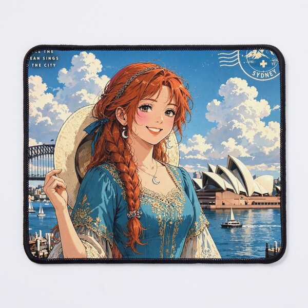Item preview, Australia Sydney Opera House with a Radiant Redhead Traveler in a Flowing Turquoise Dress, Harbour Bridge and Beautiful Coastal Cityscape designed and sold by DibujandoPorfa.