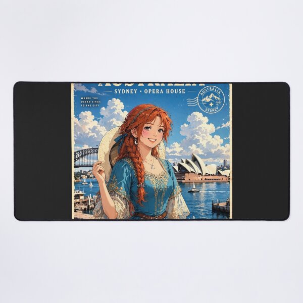 Item preview, Australia Sydney Opera House with a Radiant Redhead Traveler in a Flowing Turquoise Dress, Harbour Bridge and Beautiful Coastal Cityscape designed and sold by DibujandoPorfa.
