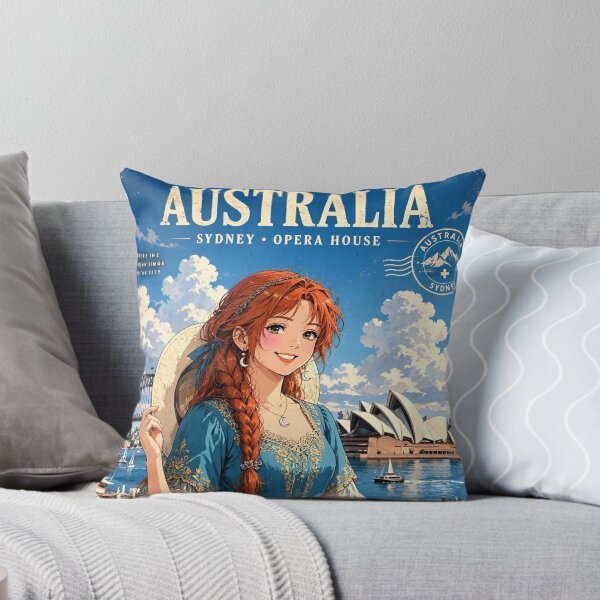 Item preview, Australia Sydney Opera House with a Radiant Redhead Traveler in a Flowing Turquoise Dress, Harbour Bridge and Beautiful Coastal Cityscape designed and sold by DibujandoPorfa.