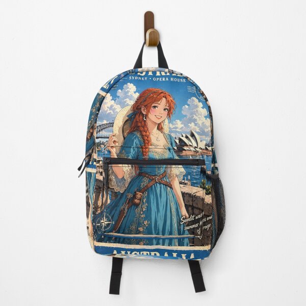 Item preview, Australia Sydney Opera House with a Radiant Redhead Traveler in a Flowing Turquoise Dress, Harbour Bridge and Beautiful Coastal Cityscape designed and sold by DibujandoPorfa.