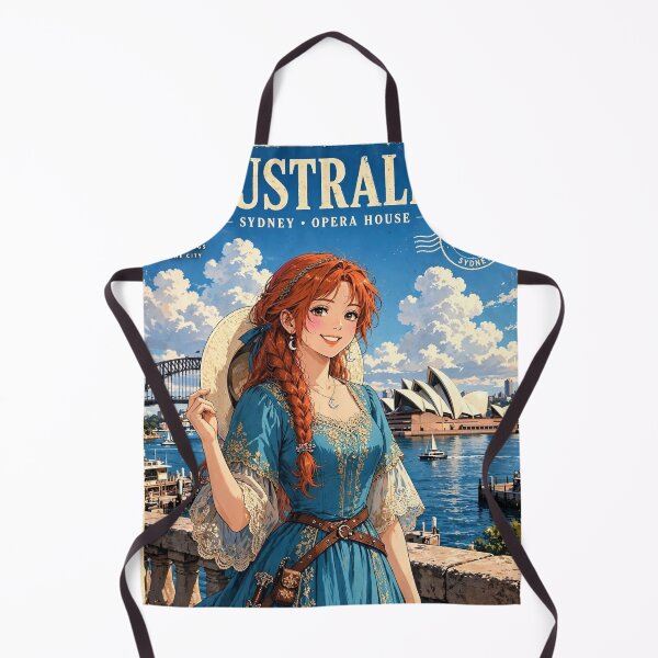 Item preview, Australia Sydney Opera House with a Radiant Redhead Traveler in a Flowing Turquoise Dress, Harbour Bridge and Beautiful Coastal Cityscape designed and sold by DibujandoPorfa.