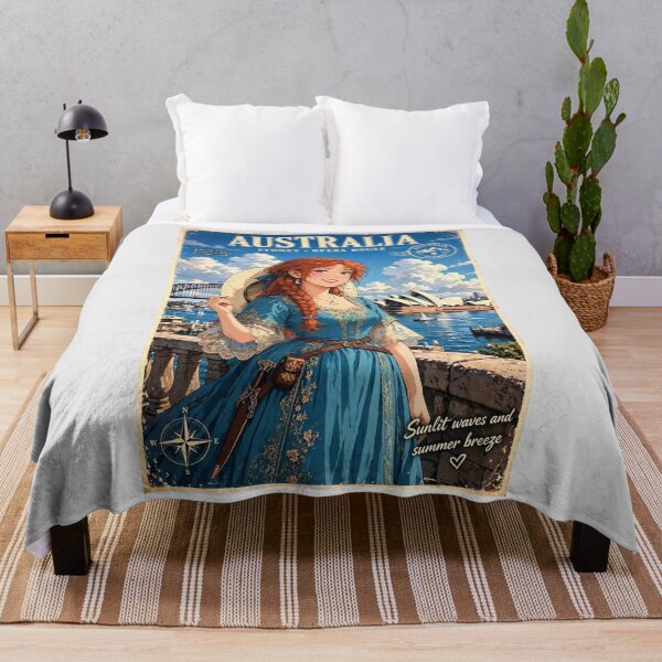 Item preview, Australia Sydney Opera House with a Radiant Redhead Traveler in a Flowing Turquoise Dress, Harbour Bridge and Beautiful Coastal Cityscape designed and sold by DibujandoPorfa.