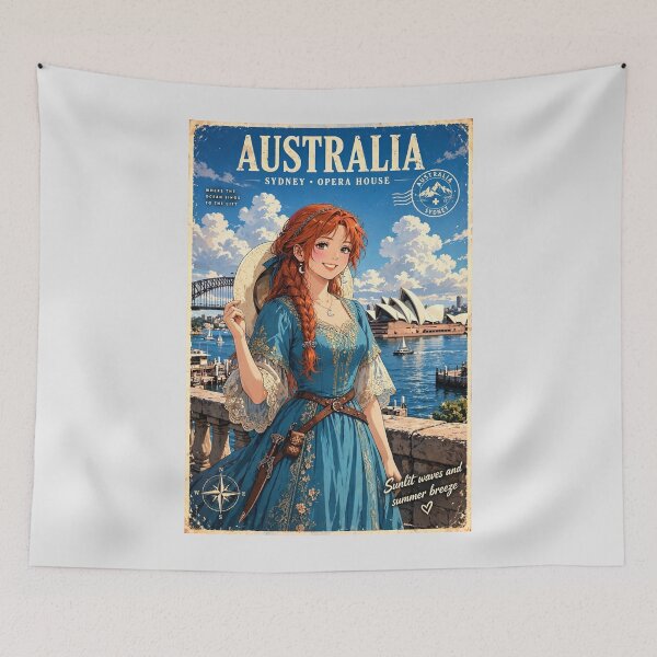 Item preview, Australia Sydney Opera House with a Radiant Redhead Traveler in a Flowing Turquoise Dress, Harbour Bridge and Beautiful Coastal Cityscape designed and sold by DibujandoPorfa.