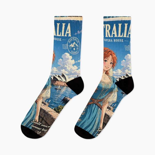 Item preview, Australia Sydney Opera House with a Radiant Redhead Traveler in a Flowing Turquoise Dress, Harbour Bridge and Beautiful Coastal Cityscape designed and sold by DibujandoPorfa.
