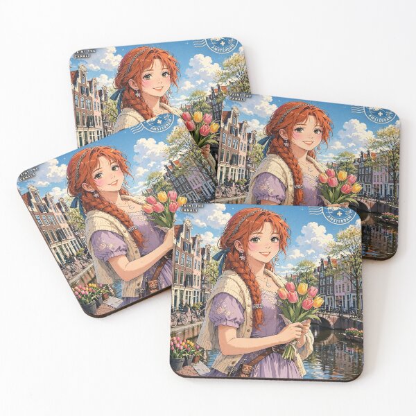 Item preview, Netherlands Amsterdam Canals with a Sweet Redhead Traveler Holding Tulips, Elegant Lavender Dress and Charming European Spring Cityscape designed and sold by DibujandoPorfa.