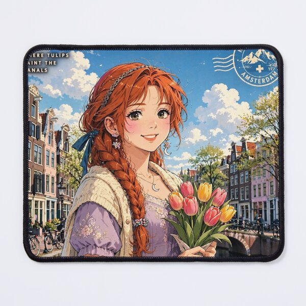 Item preview, Netherlands Amsterdam Canals with a Sweet Redhead Traveler Holding Tulips, Elegant Lavender Dress and Charming European Spring Cityscape designed and sold by DibujandoPorfa.