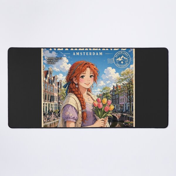 Item preview, Netherlands Amsterdam Canals with a Sweet Redhead Traveler Holding Tulips, Elegant Lavender Dress and Charming European Spring Cityscape designed and sold by DibujandoPorfa.
