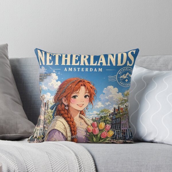 Item preview, Netherlands Amsterdam Canals with a Sweet Redhead Traveler Holding Tulips, Elegant Lavender Dress and Charming European Spring Cityscape designed and sold by DibujandoPorfa.