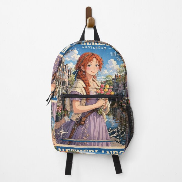 Item preview, Netherlands Amsterdam Canals with a Sweet Redhead Traveler Holding Tulips, Elegant Lavender Dress and Charming European Spring Cityscape designed and sold by DibujandoPorfa.