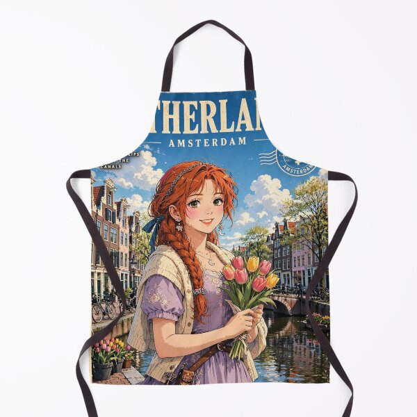 Item preview, Netherlands Amsterdam Canals with a Sweet Redhead Traveler Holding Tulips, Elegant Lavender Dress and Charming European Spring Cityscape designed and sold by DibujandoPorfa.