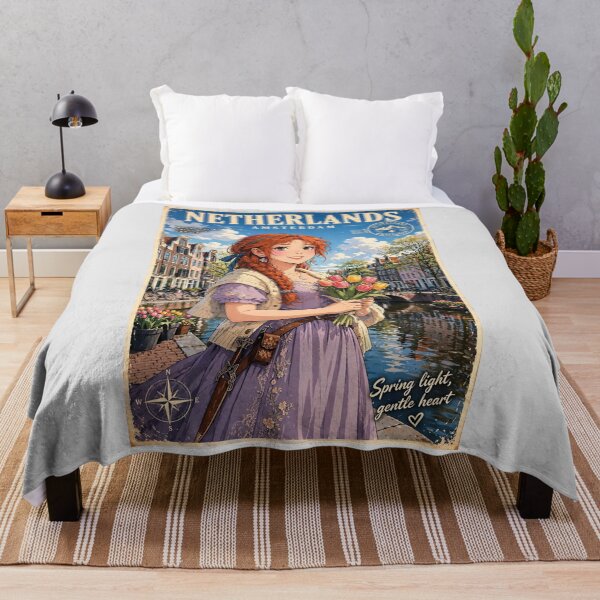 Item preview, Netherlands Amsterdam Canals with a Sweet Redhead Traveler Holding Tulips, Elegant Lavender Dress and Charming European Spring Cityscape designed and sold by DibujandoPorfa.