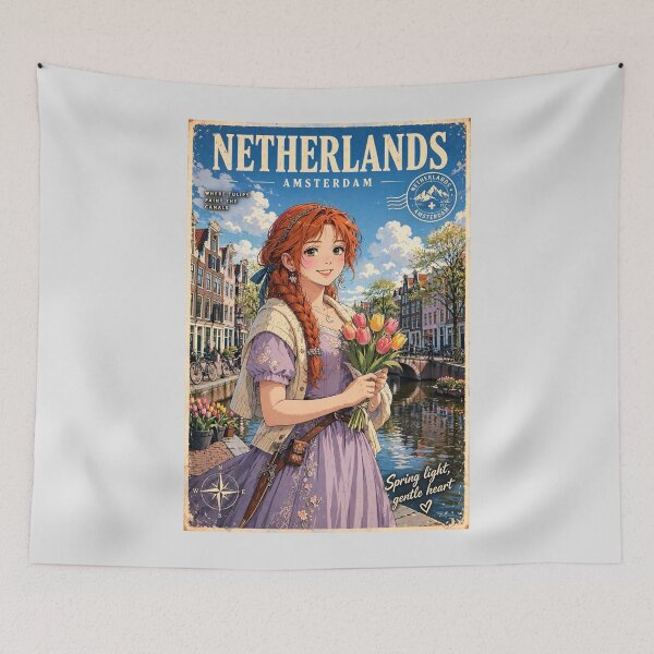 Item preview, Netherlands Amsterdam Canals with a Sweet Redhead Traveler Holding Tulips, Elegant Lavender Dress and Charming European Spring Cityscape designed and sold by DibujandoPorfa.