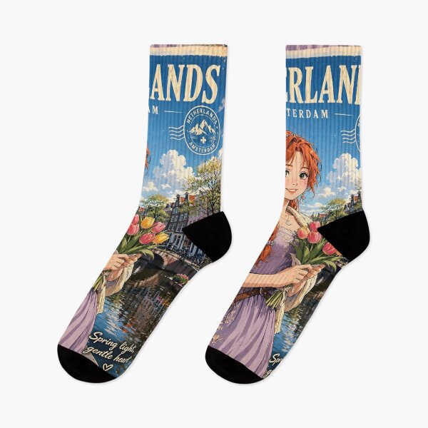 Item preview, Netherlands Amsterdam Canals with a Sweet Redhead Traveler Holding Tulips, Elegant Lavender Dress and Charming European Spring Cityscape designed and sold by DibujandoPorfa.