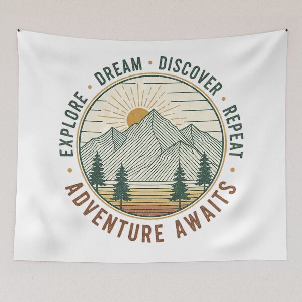 Item preview, Adventure Awaits Explore Dream Discover Vintage Mountain Line Art Badge designed and sold by cannsuh.