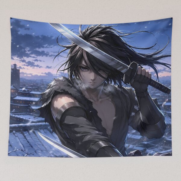 Item preview, Hyakkimaru Dororo Winter Guardian Above a Snow Covered Town designed and sold by SolenneAzur.