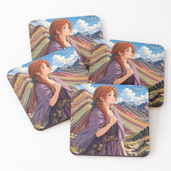 Item preview, Peru Rainbow Mountain with an Enchanting Redhead Traveler in a Deep Purple Dress, Colorful Andes and Dramatic Mountain Landscape designed and sold by DibujandoPorfa.