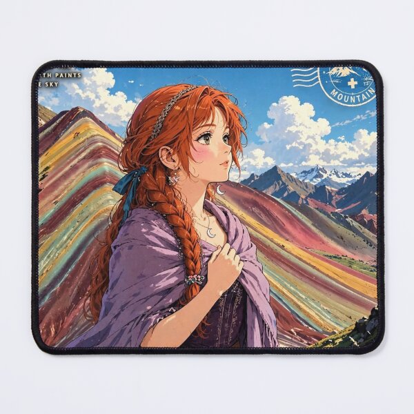 Item preview, Peru Rainbow Mountain with an Enchanting Redhead Traveler in a Deep Purple Dress, Colorful Andes and Dramatic Mountain Landscape designed and sold by DibujandoPorfa.