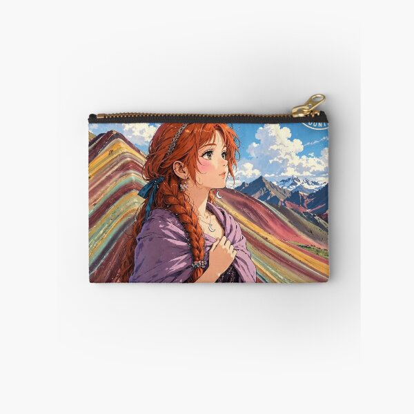 Item preview, Peru Rainbow Mountain with an Enchanting Redhead Traveler in a Deep Purple Dress, Colorful Andes and Dramatic Mountain Landscape designed and sold by DibujandoPorfa.
