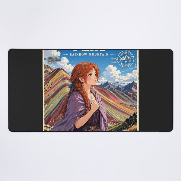 Item preview, Peru Rainbow Mountain with an Enchanting Redhead Traveler in a Deep Purple Dress, Colorful Andes and Dramatic Mountain Landscape designed and sold by DibujandoPorfa.