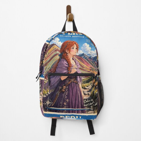 Item preview, Peru Rainbow Mountain with an Enchanting Redhead Traveler in a Deep Purple Dress, Colorful Andes and Dramatic Mountain Landscape designed and sold by DibujandoPorfa.