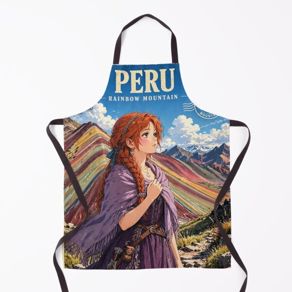 Item preview, Peru Rainbow Mountain with an Enchanting Redhead Traveler in a Deep Purple Dress, Colorful Andes and Dramatic Mountain Landscape designed and sold by DibujandoPorfa.