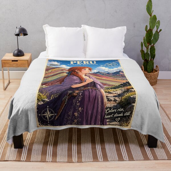 Item preview, Peru Rainbow Mountain with an Enchanting Redhead Traveler in a Deep Purple Dress, Colorful Andes and Dramatic Mountain Landscape designed and sold by DibujandoPorfa.