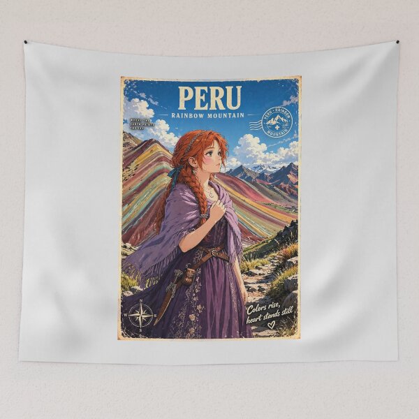 Item preview, Peru Rainbow Mountain with an Enchanting Redhead Traveler in a Deep Purple Dress, Colorful Andes and Dramatic Mountain Landscape designed and sold by DibujandoPorfa.