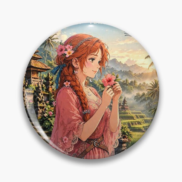 Item preview, Indonesia Bali Temple with a Beautiful Redhead Traveler in a Flowing Coral Dress, Tropical Gardens, Rice Terraces and Magical Sunrise designed and sold by DibujandoPorfa.