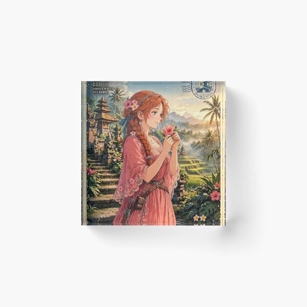 Item preview, Indonesia Bali Temple with a Beautiful Redhead Traveler in a Flowing Coral Dress, Tropical Gardens, Rice Terraces and Magical Sunrise designed and sold by DibujandoPorfa.