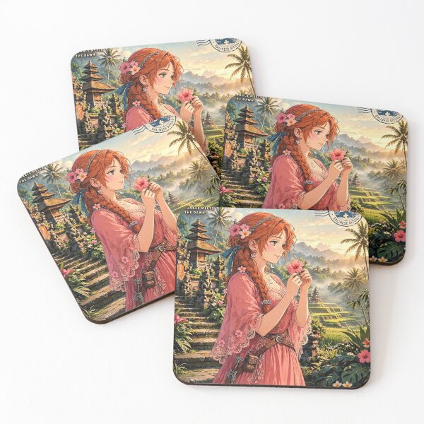 Item preview, Indonesia Bali Temple with a Beautiful Redhead Traveler in a Flowing Coral Dress, Tropical Gardens, Rice Terraces and Magical Sunrise designed and sold by DibujandoPorfa.