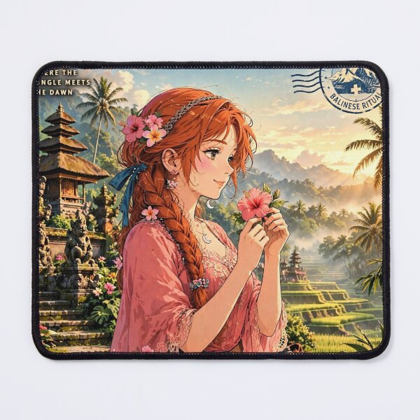 Item preview, Indonesia Bali Temple with a Beautiful Redhead Traveler in a Flowing Coral Dress, Tropical Gardens, Rice Terraces and Magical Sunrise designed and sold by DibujandoPorfa.