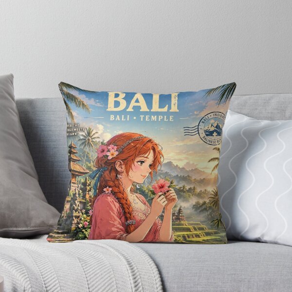 Item preview, Indonesia Bali Temple with a Beautiful Redhead Traveler in a Flowing Coral Dress, Tropical Gardens, Rice Terraces and Magical Sunrise designed and sold by DibujandoPorfa.