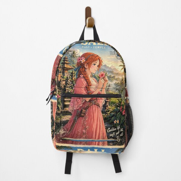 Item preview, Indonesia Bali Temple with a Beautiful Redhead Traveler in a Flowing Coral Dress, Tropical Gardens, Rice Terraces and Magical Sunrise designed and sold by DibujandoPorfa.