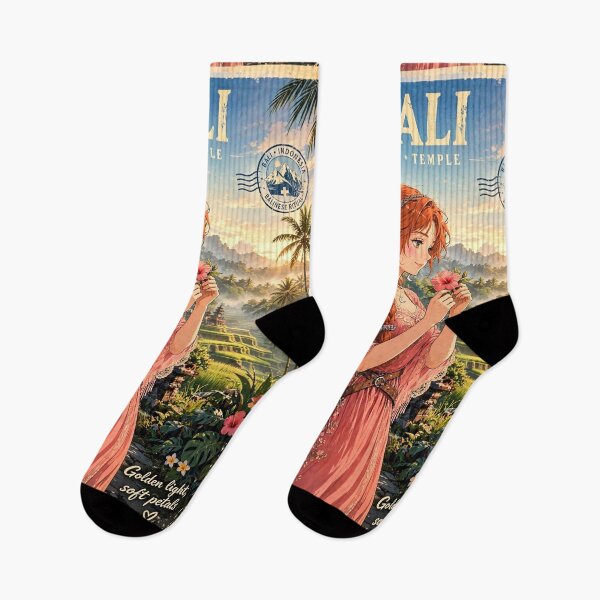 Item preview, Indonesia Bali Temple with a Beautiful Redhead Traveler in a Flowing Coral Dress, Tropical Gardens, Rice Terraces and Magical Sunrise designed and sold by DibujandoPorfa.